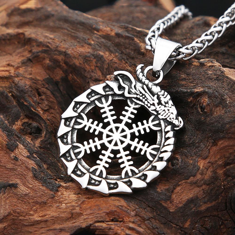 Vintage Vikings Dragon Ouroboros Pendant Necklaces For Men Stainless Steel Nordic Viking Compass Necklace  Amulet Jewelry