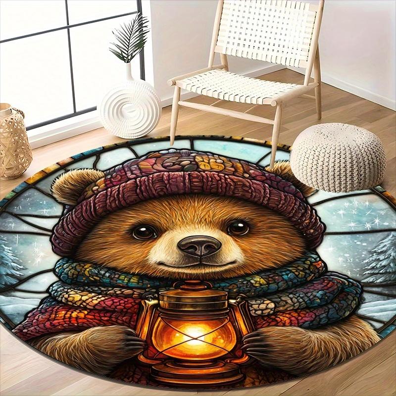 Cute Bear Lantern Flannel-printed Round Floor Mats Are Slip-resistant Suitable for Living Room Bedroom Terrace Garden Carpets