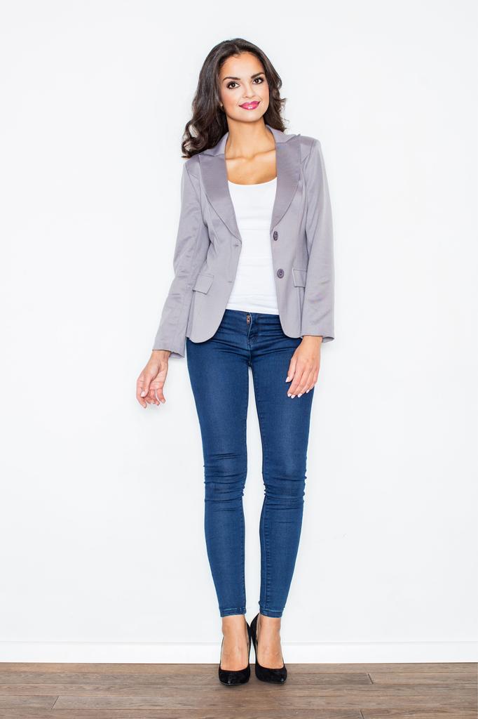 Women' Knitted Jacket Fastened with Two Buttons, Fitted - Gray Jacket M085 Size