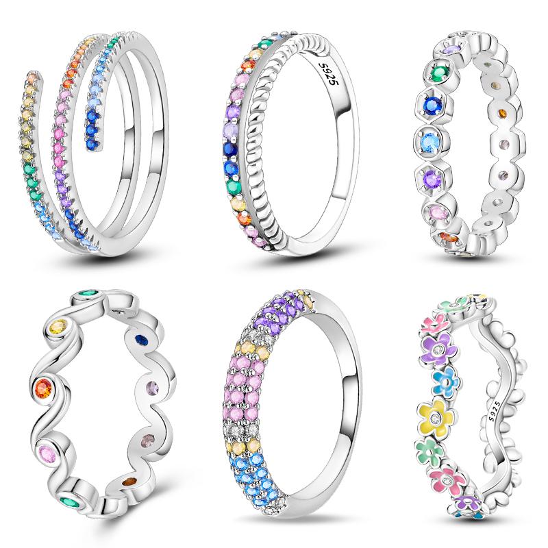 Pandach Genuine Copper Color Luxury Rings Colorful Polygonal Cz Round Lucky Flower Rings For Women Jewelry Creation Engagement Wedding Present