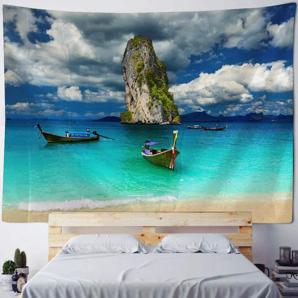 Sea View Tapestry, Bohemian Print Wall Hanging, Living Room, Bedroom Art Decoration, Beach, Sunset, Home Wall Decoration
