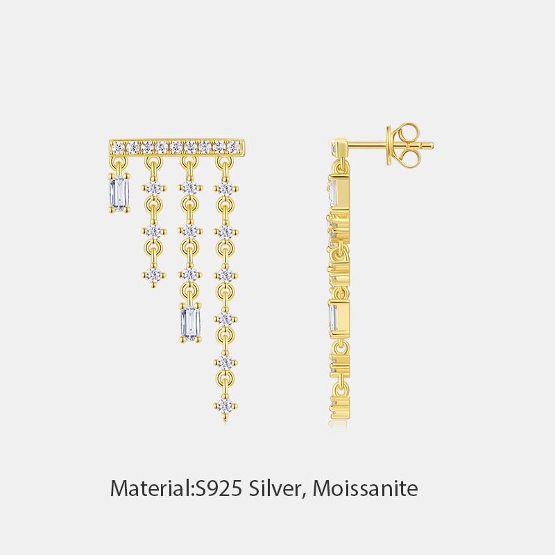 Bar Top Linear Dangle Earring with Graduated Chain Tassel 18K Gold Plated S925 Silver for Evening Party  Moissanite Earring