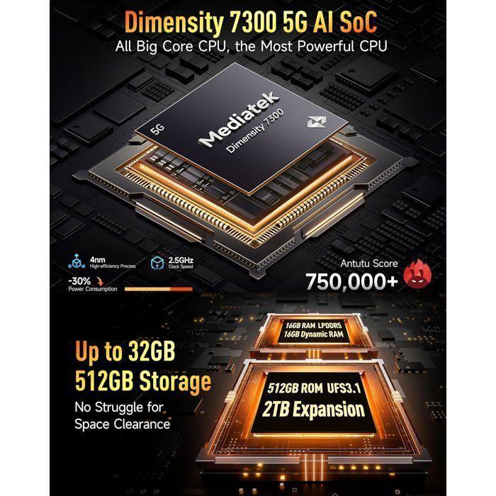 Téléphone Portable Incassable 5G Ulefone Armor 28 Pro 32+512Go 6,67" FHD+ Smartphone Robuste 50MP+64MP 10600mAh Dural SIM/NFC Noir