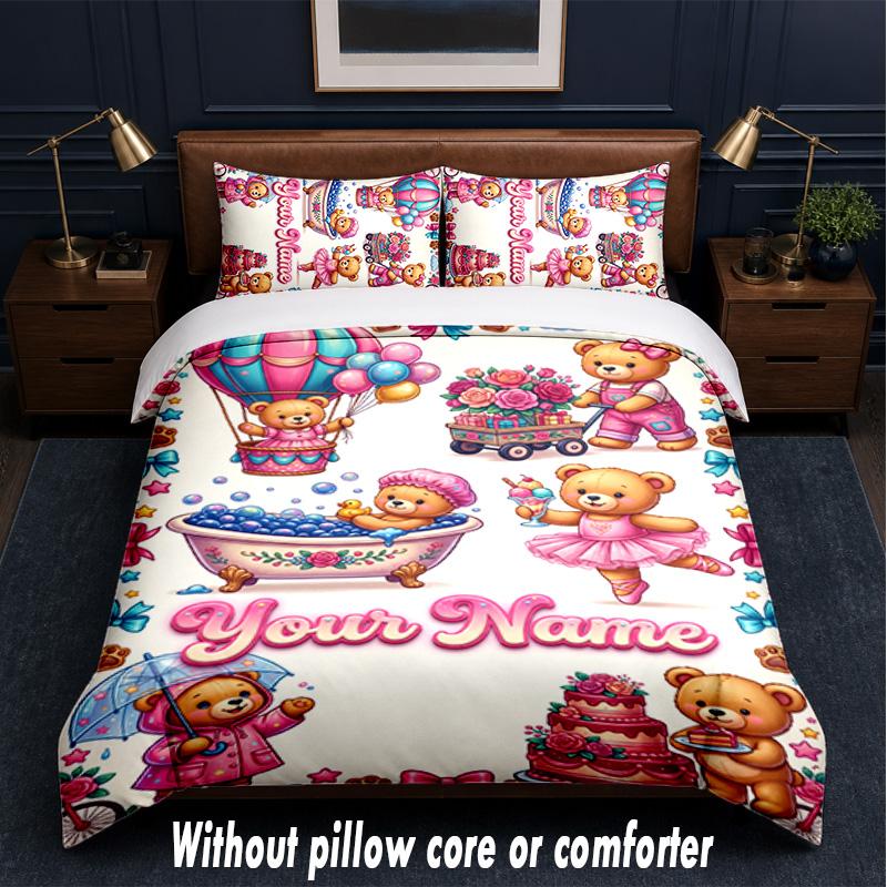 Teddy Bear Theme Custom Text Or Name 3Pcs Bedding Set,1 Flat Sheet & 2 Pillowcases Personalized Home Bedding