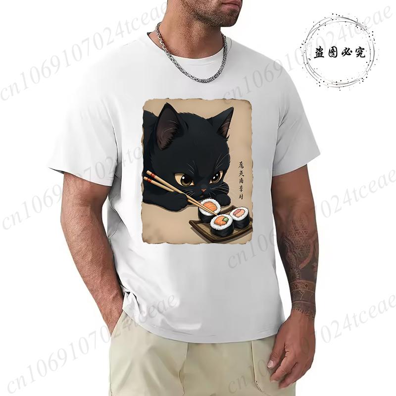 T Shirt for Men Black Cat Sushi Printed Men Fashion Style Design Clothing Anime Cat Cartoon Men TShirt Casual Tees Short Sleeve