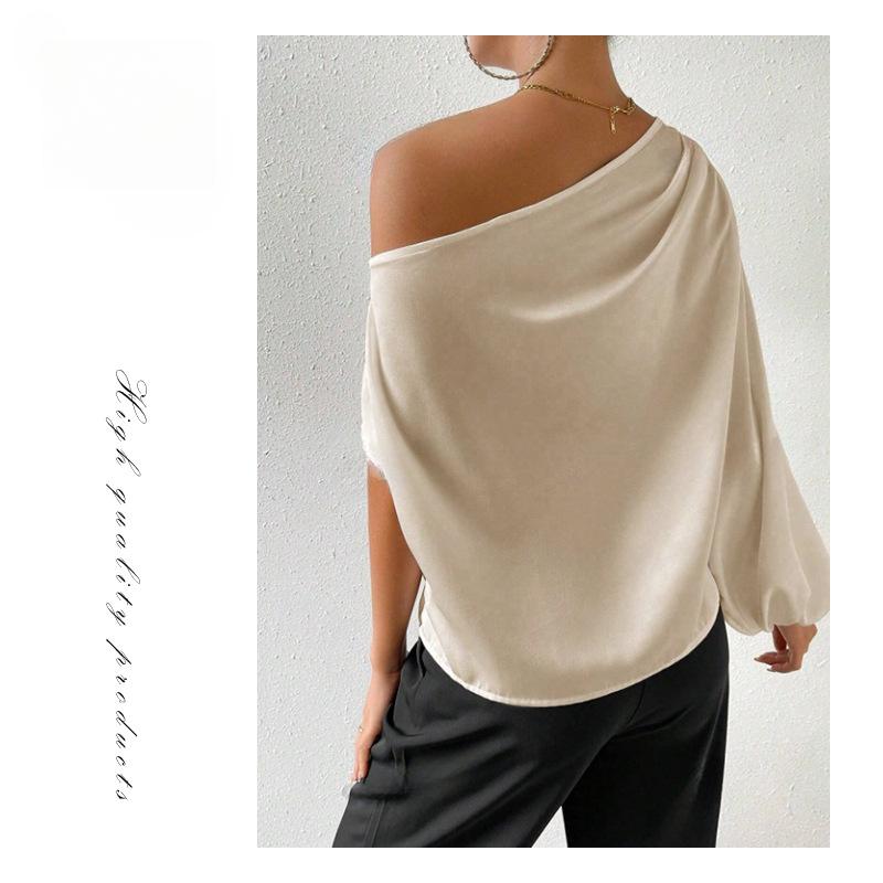 Damen Schrägschulter Langarm Unifarbenes Shirt Sexy Schulterfrei Lockeres Temperament Satinblusen & -hemden