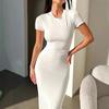 Amazon European and American Women's Clothing Spring and Summer Solid Color Temperament High Elastic Slim Fit Sexy Short-sleeved Long Dress Dress