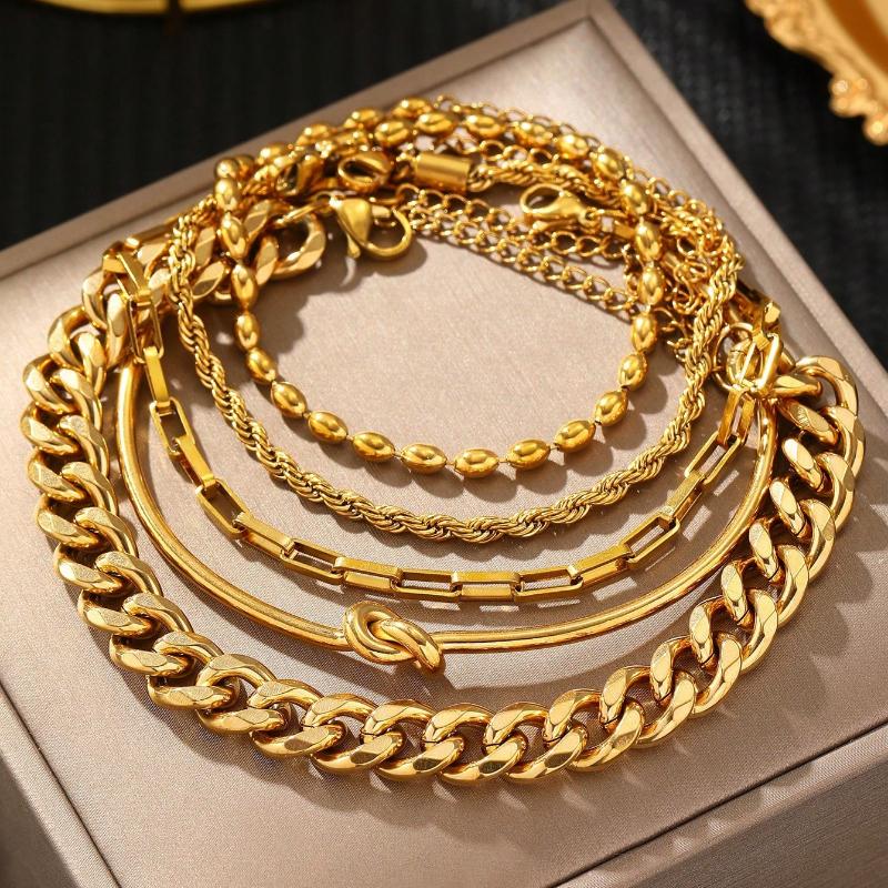 5Pcs/Set Stainless Steel European and American Cross-border Fashion Trend Paperclip Cuban Chain Bracelet Multi-layer Snake Bone Chain Bracelet