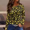 Maglietta da donna alla moda casual con spacchi sul fondo, scollo rotondo, manica lunga, ampia, stampata