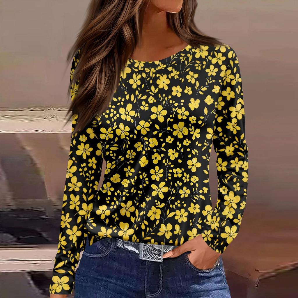 Maglietta da donna alla moda casual con spacchi sul fondo, scollo rotondo, manica lunga, ampia, stampata