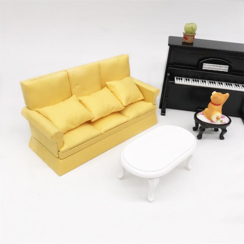 1:12 Miniature Three-Seat Dollhouse Sofa with Throw Pillows