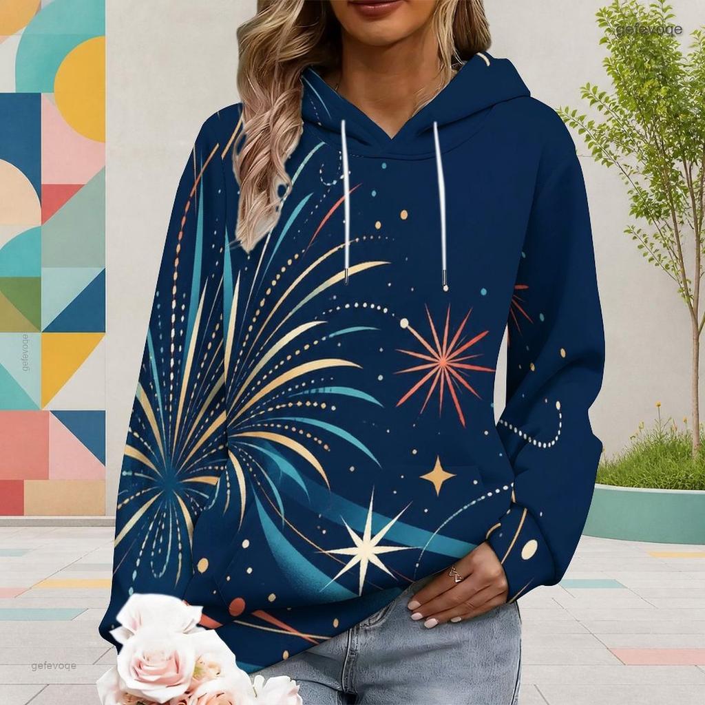 Women Plus Size Blue Star Printed Long Sleeve Drawstring Hood Pullover Hoodie With Kangaroo Pocket