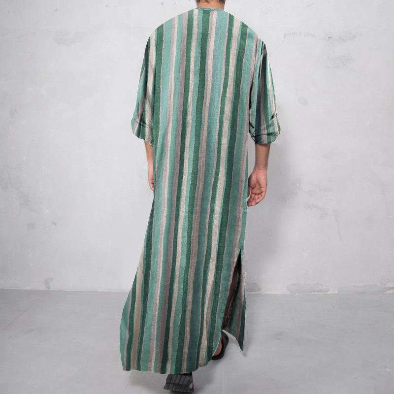 Men Traditional Robe Style Loose Striped Long Sleeve Muslim Abaya Thobe Retro Chinese Taoist Gown, Oversized Soft Casual Ethnic Daily Streetwear Men
