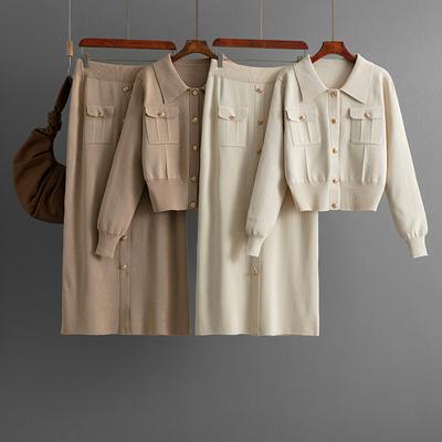 Polo Collar Fashion Set for Women's Autumn and Winter New Sweaters, Cardigans, Tops and Knitted Skirts Two-piece Set