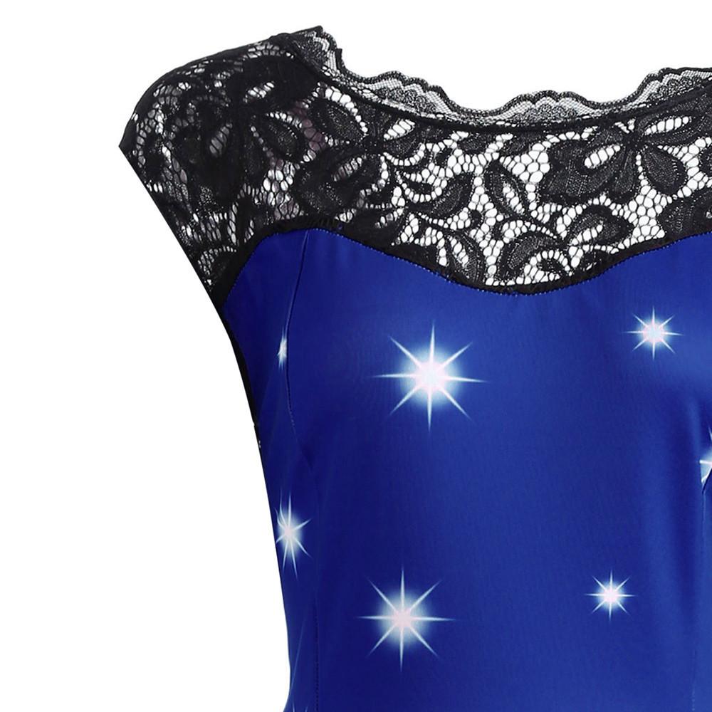 Fashion Women Lace Vintage Christmas Print Sleeveless Swing  Party Dress