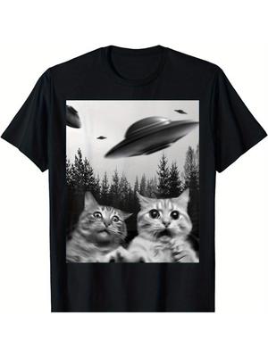 NEW BEST TO BUY Funny Duo Cats Selfie with UFOs Cat Lover Gift T-Shirt