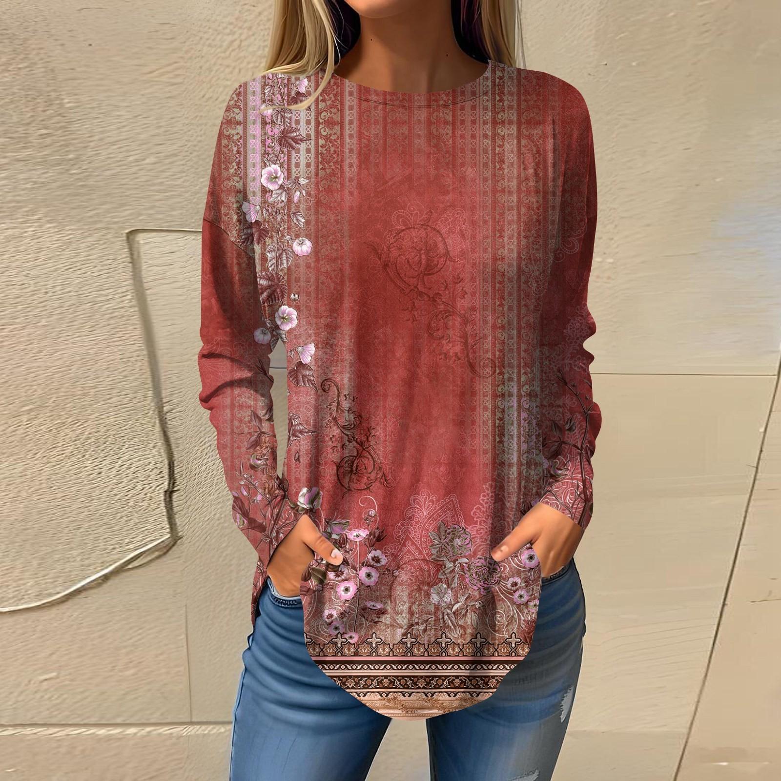 

Футболки для женщин, осенние повседневные рубашки с длинными рукавами, толстовка с ретро-принтом, топ, пуловер XL винный