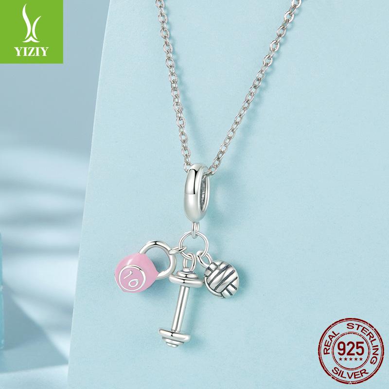 Pink Kettlebell Volleyball Dumbbell Pendant Accessories Sweet Sports Wind S925 Sterling Silver Beaded