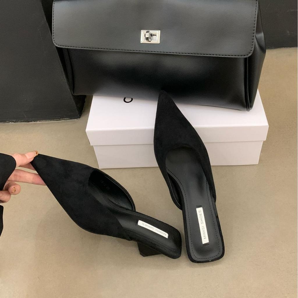 2025 nya höst- och vinter spetsiga mocka tjock högklack halvsläp leopardtryck ytterkläder halvsläp pendlar arbete damskor