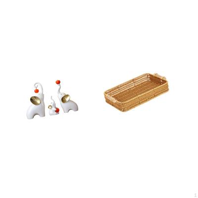 Elephant Family Sculptures And Woven Fruit Basket Set for Desktop Decoration Animal Figurines