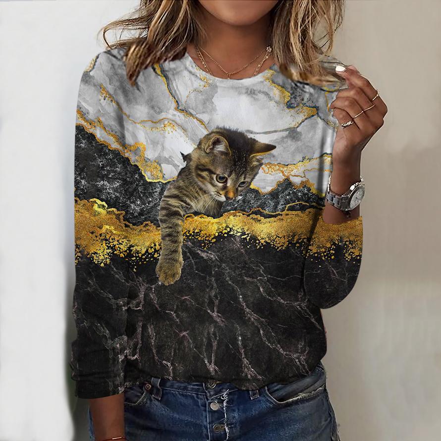 Tops For Spring&Autumn 3D Funny Cat Print Round Neck Long Sleeve T-shirt Fall Casual Slim Pullover Women's Long Sleeve Top