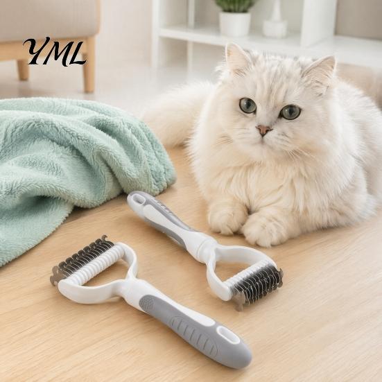 Dematting Comb for Dogs And Cats Double-Sided Pet Grooming Brush, Stainless Steel Cat Undercoat Rake, with Hair Remover Mats Non-Slip Handle