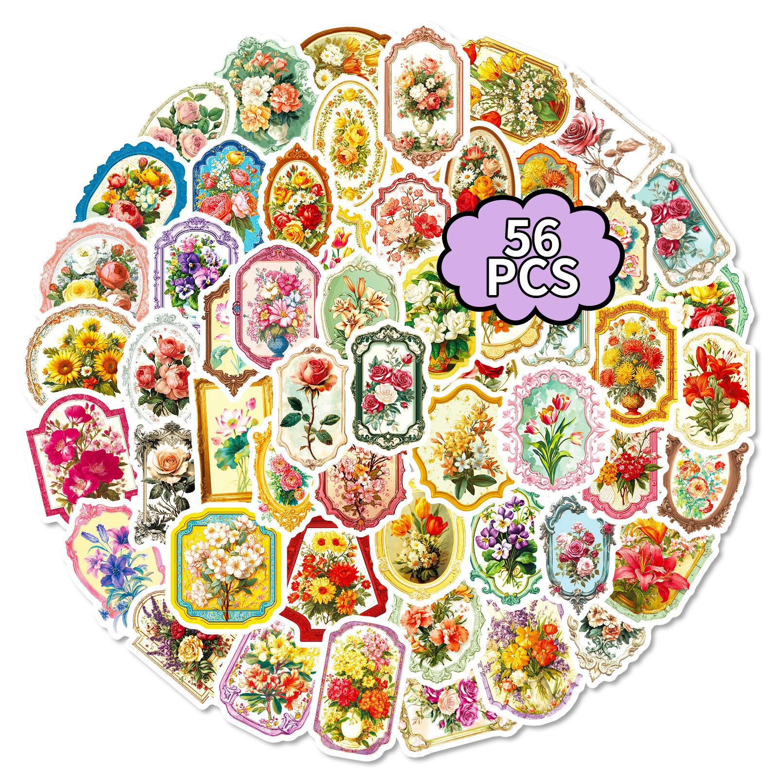 

56 Pieces Of Flower Graffiti Stickers In The Literary And Artistic Style Mirror, Mobile Phone Case Notebook Beautiful Decorative Stickers