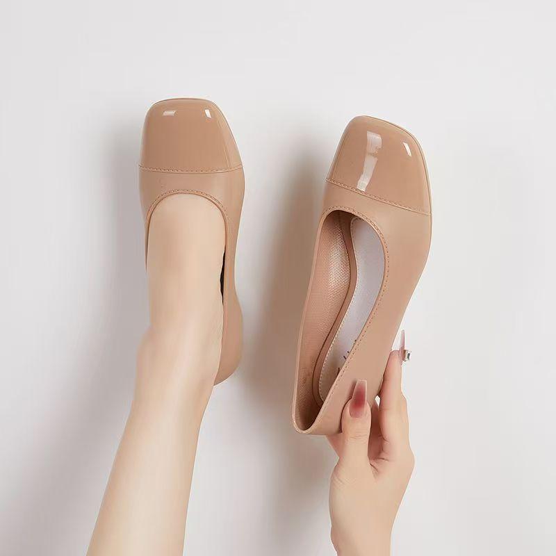 Pantofi de ploaie noi pentru femei cu toc bloc jos Talpă moale Antiderapant Vârf pătrat Slip-on Impermeabili Pantofi de lucru Pantofi ușori pentru navetă