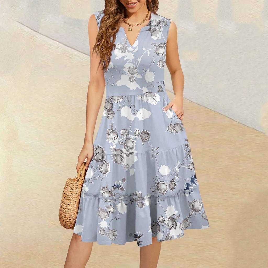 Dámské letní ležérní plisované šaty s volánky ve vintage květinovém stylu s výstřihem do V a bez rukávů