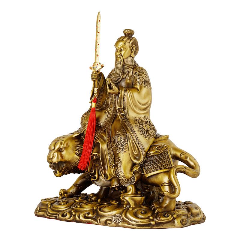 Brass statue of Zhang Tianshi riding a tiger, Zhang Daoling statue holding a sword from Longhushan, decorative craft item
