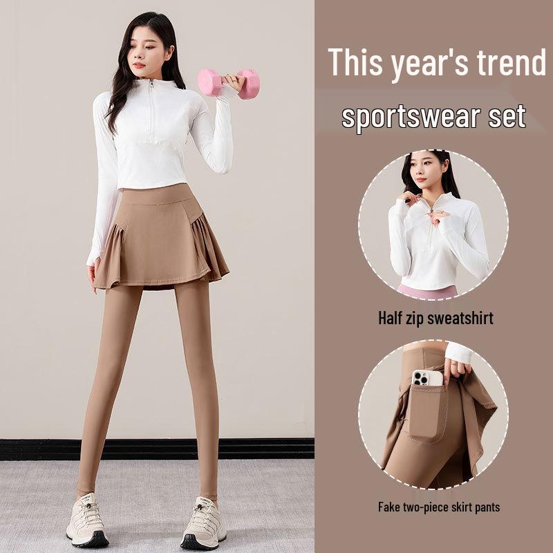 Women's Autumn/Winter 2025 Casual Tennis & Badminton Set with Long Sleeve Top, Yoga Skirt, and Pants.
