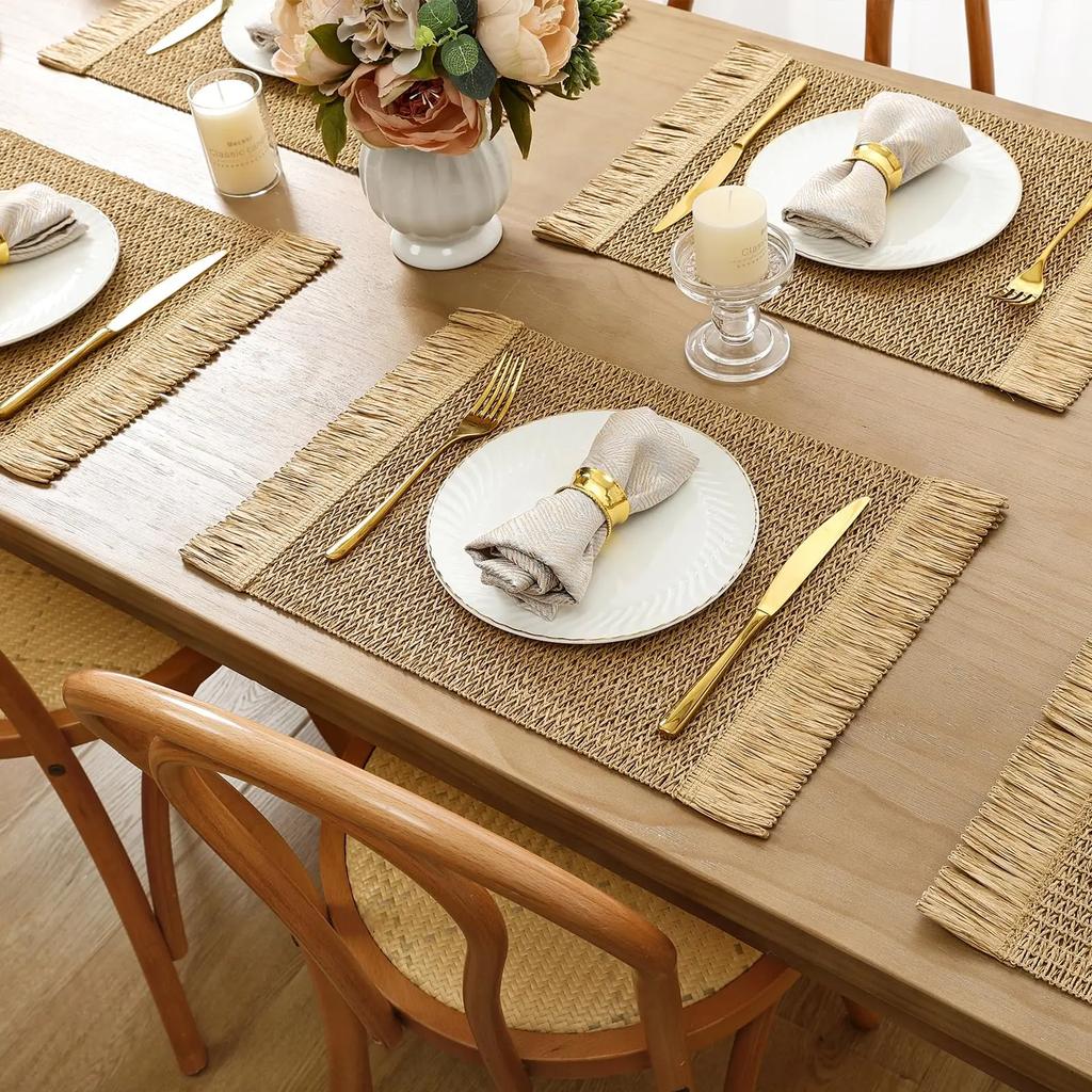 4 PCS Boho Tassel Paper Woven Braided Placemats 12x18inch Aesthetic Natural Rustic Place Mats for Dinner Party Beach Table Decor