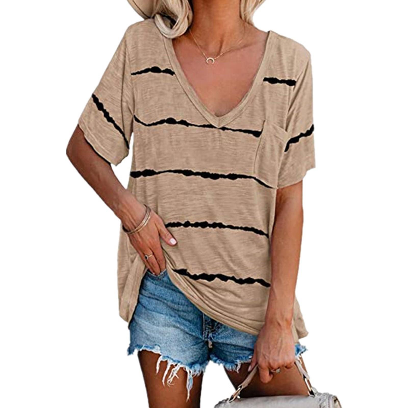 Fashion Women s Loose Summer Short Sleeve T-shirt V-neck Striped Print Tops L хаки