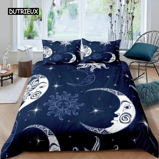 Sun Moon Duvet Cover Set Queen Microfiber Bohemian Black and White Print Yin Yang Comforter Cover Galaxy Star Twin Bedding Set Three Piece Set