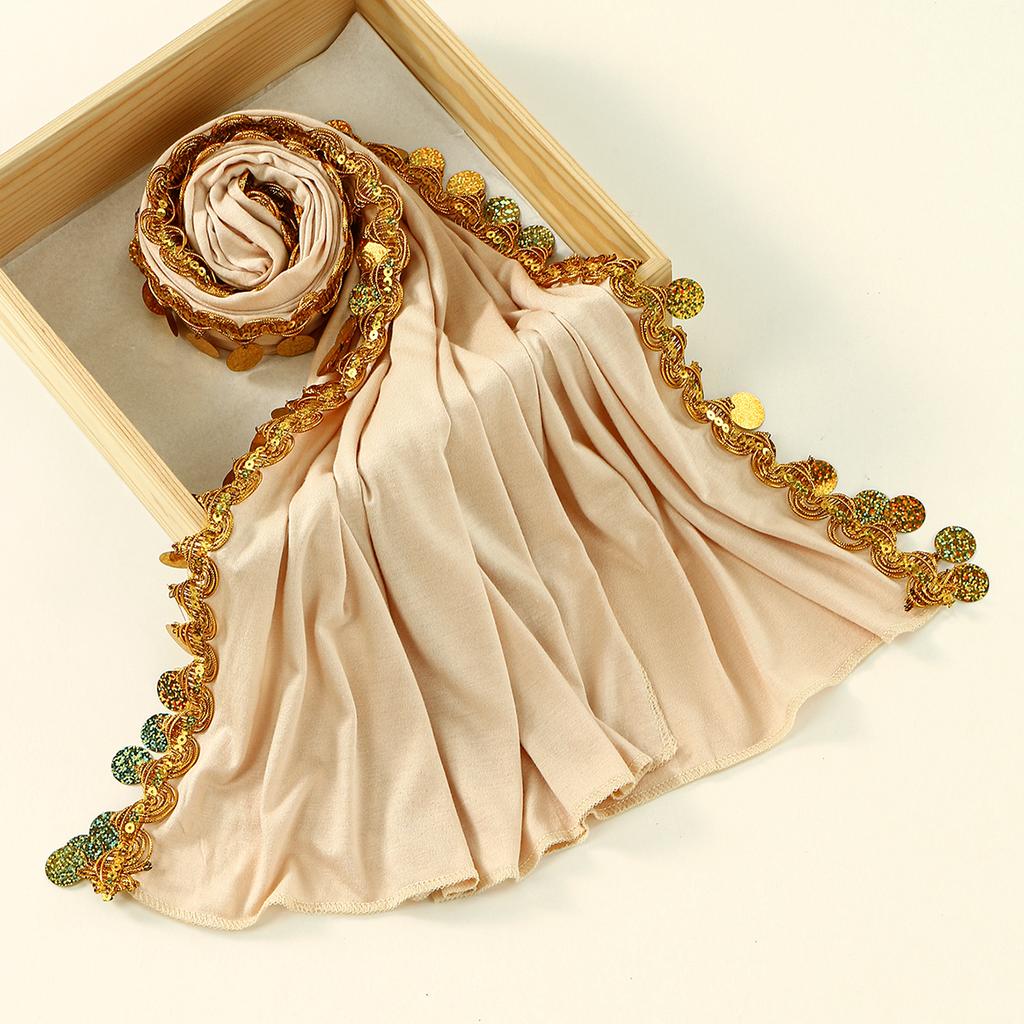 Sequin Modal Cotton Jersey Hijab Scarf For Women Stretch Shawl Plain Muslim Headband Fashion Long Fringes Wraps Islam Turban