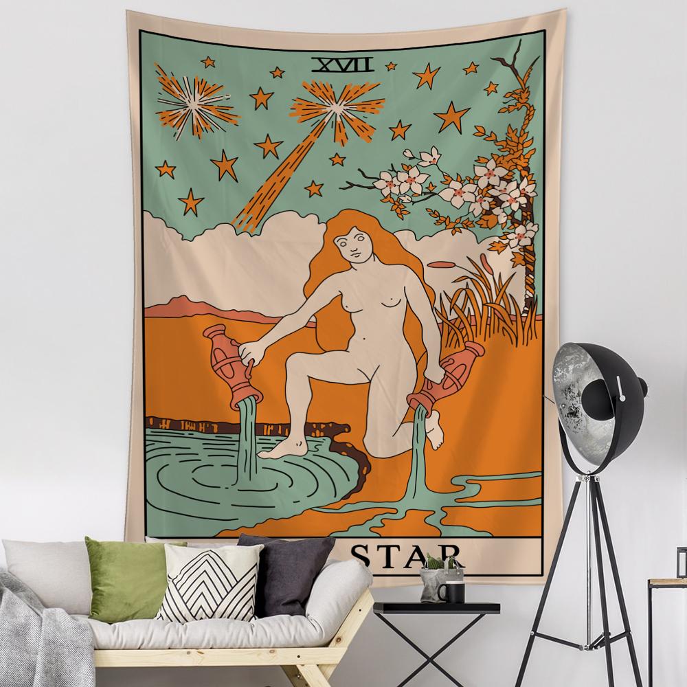 Orange Poured Water Girl Tarot Tapestry Wall Hanging Psychedelic Witchcraft Hippie Tapez Bohemian Room Home Decor