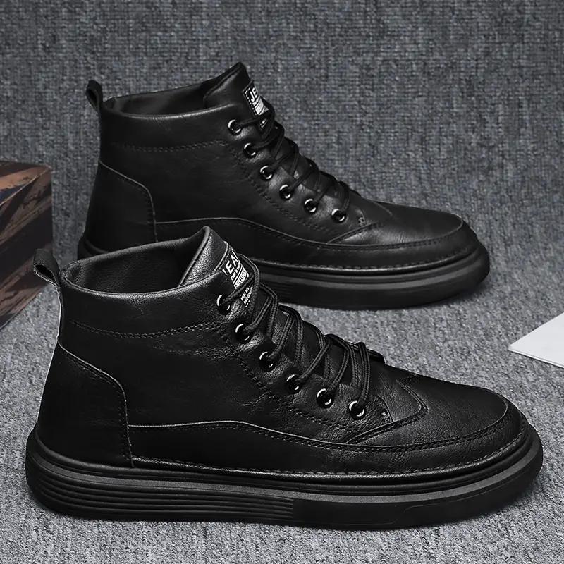 Men's High Top Boots Fashion Casual Leather Boots Lace Up Ankle Booties Classic Black Business Boots for Men Botas Hombre2025