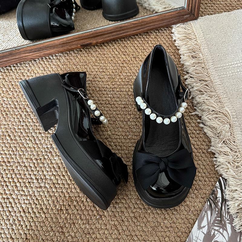 

Fashion bow platform Mary Jane shoes women s summer OJRZ French thick heel design pearl with skirt small single shoes 35 чорний