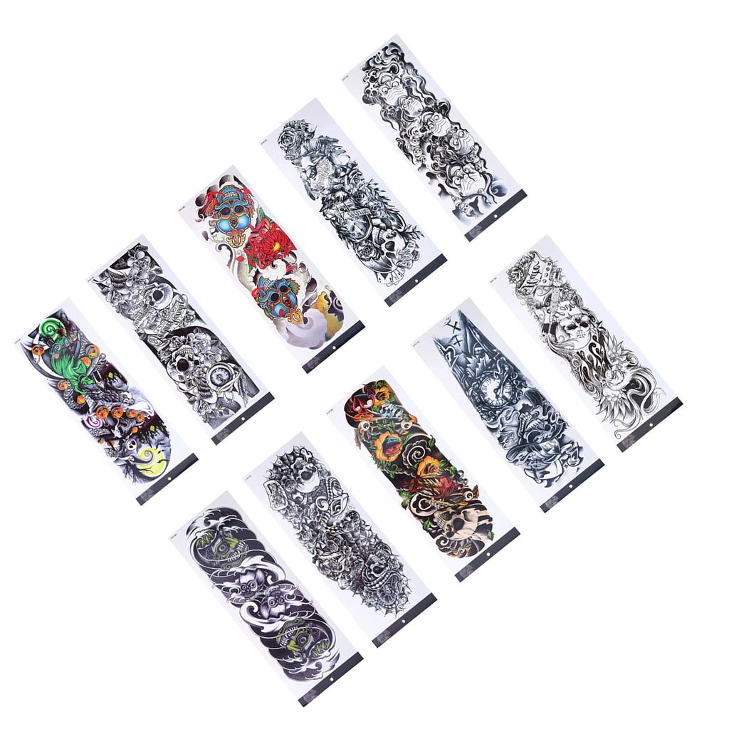 10pcs Fake Tattoo Stickers Temporary Waterproof Skull Pattern Full Arm Tattoos for Halloween