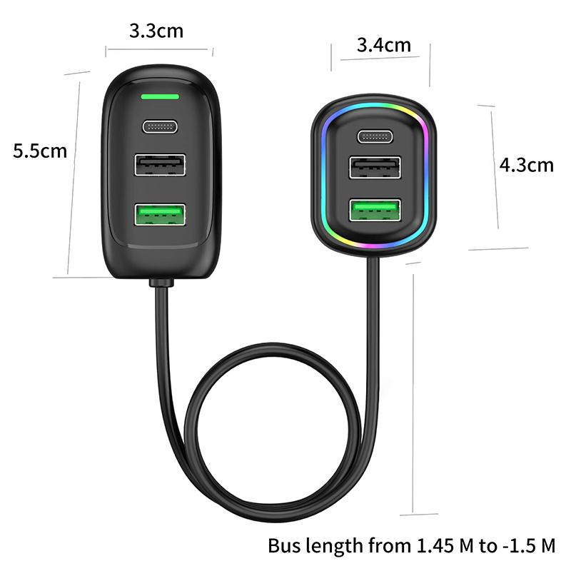 6-Ports Usb Type-C Front And Rear Extension Car Charger With Rgb Light Pd Fast Charging Power Adapter For Iphone Tablet Laptop