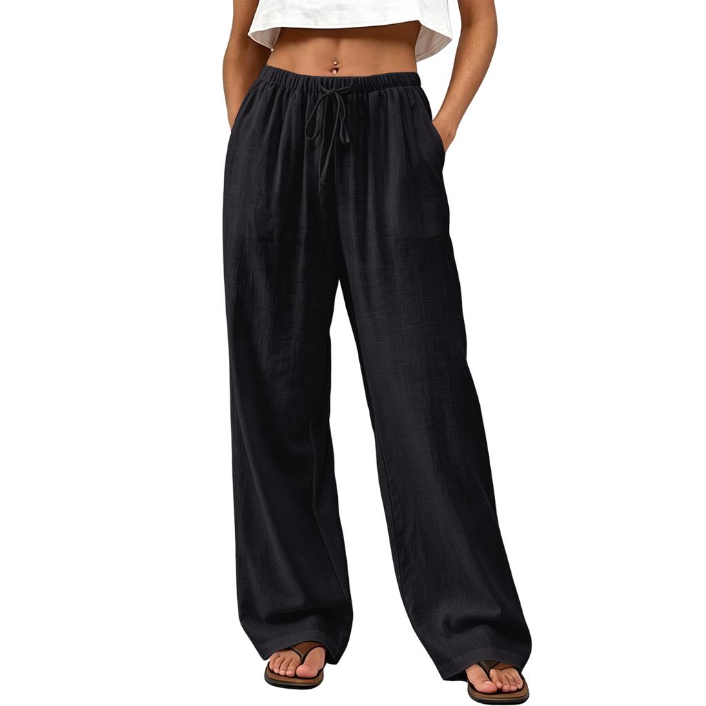 Women’s Summer Loose Fit Straight Leg Long Pants with Elastic Waistband Drawstring and Relaxed Draped Trousers for Casual Wear