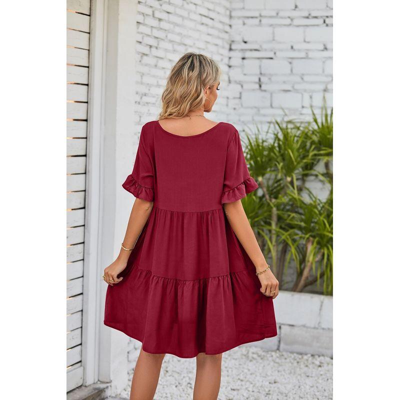 

2024 New Women s Casual Pleated Dress Patchwork Backless Dress Burgundy XL