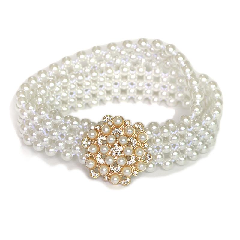 Cross-border women's belt - ladies' casual decorative rhinestone & pearl buckle slim waist belt