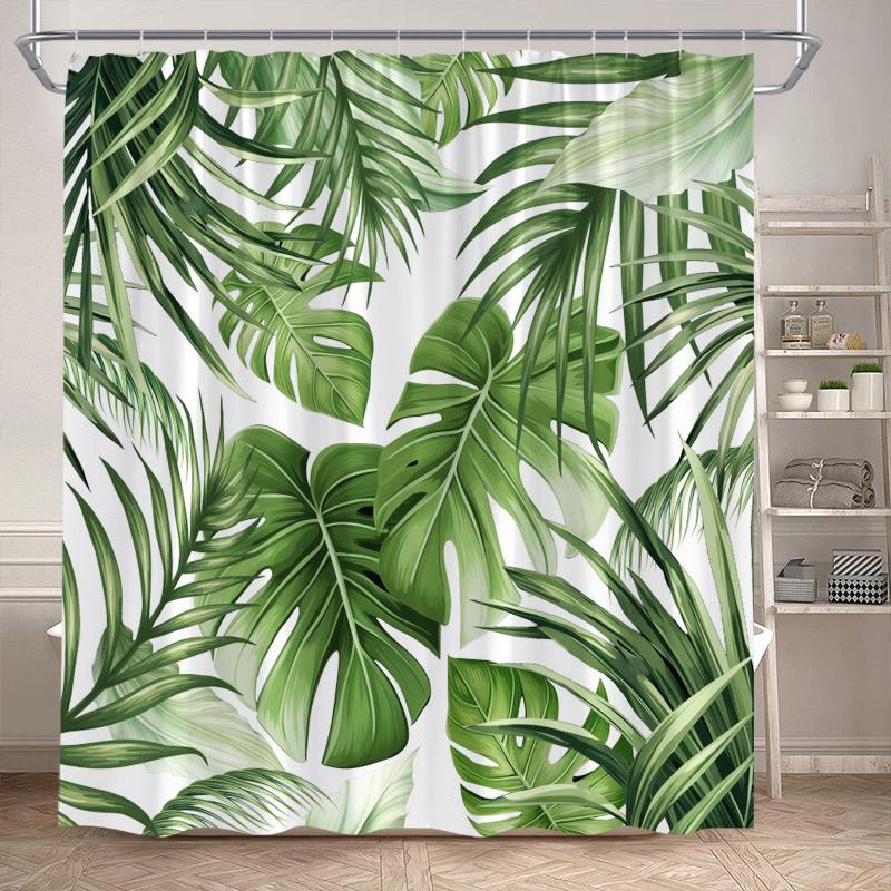 Tropische Blätter Duschvorhang Grün Palmenblatt Monstera Pflanze Badvorhänge Set Polyestergewebe Heim Badezimmerdekor Mit Haken