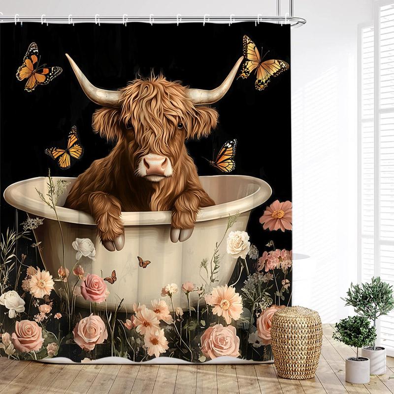 Funny Bathing Highland Cattle Shower Curtains Blue Bathtub Bath Curtain Window Ocean Landscape Bathroom Decoration with Hooks