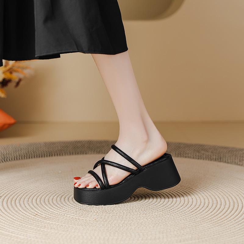 thick-soled muffin shoes Roman fairy style sandals women's summer new heightened slope heel square head cross with cool slippers
