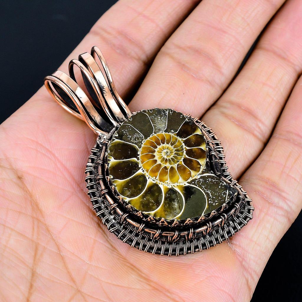 Ammonite Fossil Pendant, Gemstone  999 Copper Wire Wrapped Jewelry Pendant, Handmade Jewelry Birthstone Pendant, Gift For Him