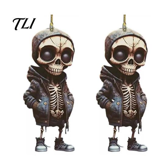 Trendy Hoodie Skeleton Ornament 2Pcs Ornaments, 2D Flat Acrylic Pendants, Gothic Lightweight Car Decor Style Hanging Ornaments for