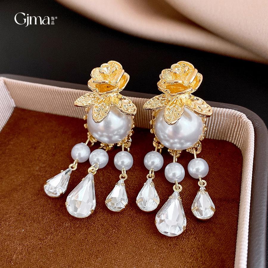 Medieval court style diamond-set flower water drop pearl earrings stud earrings retro versatile earrings