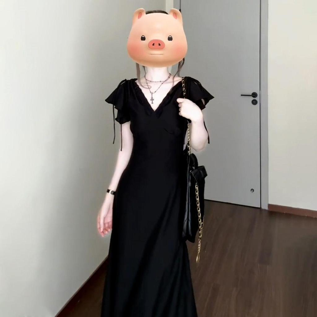 Hepburn Style V-Neck Black Dress for Women - Summer 2026 High-End Long Dress